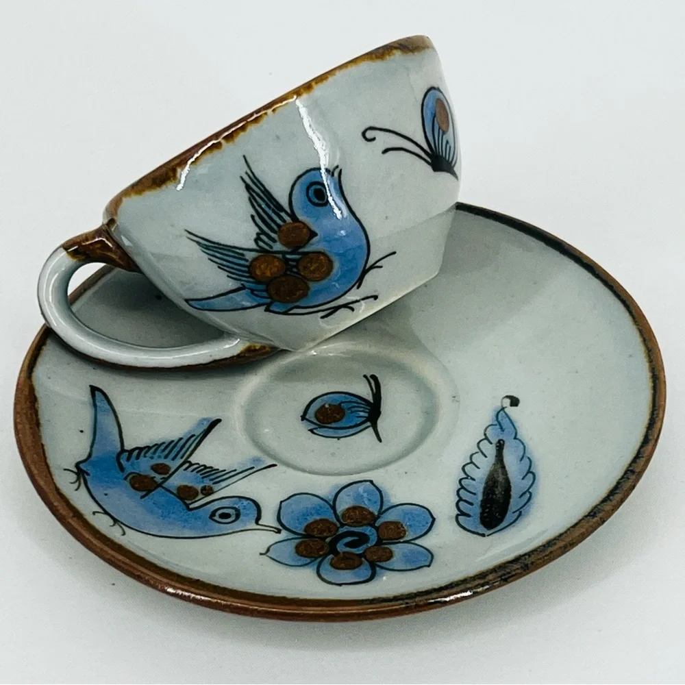 Vintage Ken Edwards Tonala Pottery Cup & Saucer Set El Palomar Blue Bird Signed - Picture 9 of 14